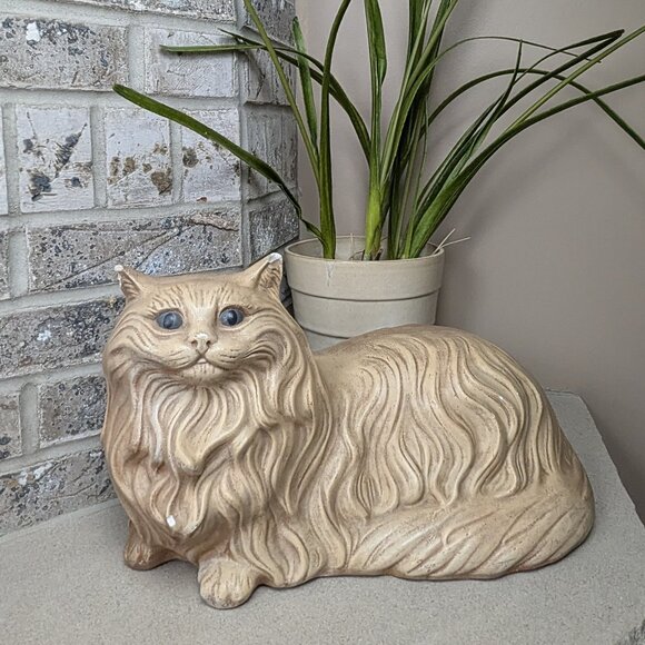 Vintage Other - Vintage Ceramic Cat Life Size Figurine Persian Cream Beige Gray Eyes